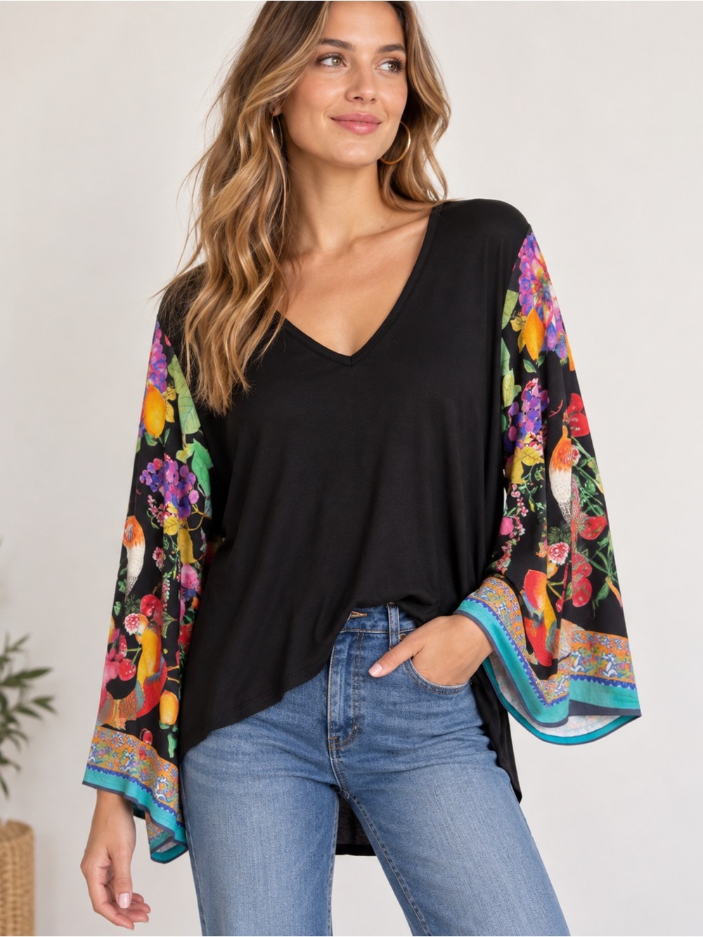 Desigual XL Black Bird Floral Print Bell Sleeve V-Neck Tunic Top